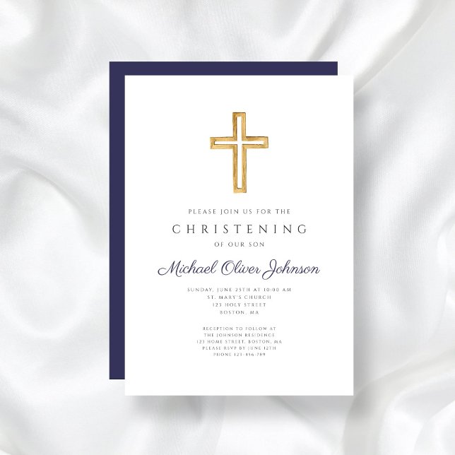 Convite Marinho Blue Wood Cross Religião Boy Christening (Navy Blue Wood Cross Religious Boy Christening Invitation)