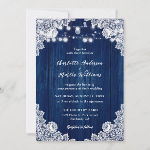 Convite Marinho Blue Wood String Lights Floral Lace Casame