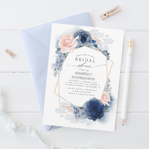 Convite Marinho Blush Blue Floral Moderno Chá de panela