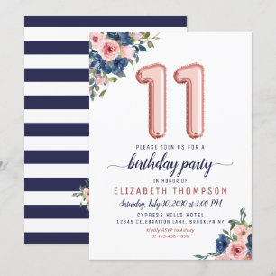 Convite Marinho Blush de Rosa de Balão Dourado Floral - An