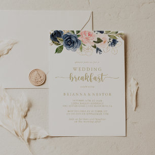 Convite Marinho Blush Dourado Casamento Floral Café da Ma