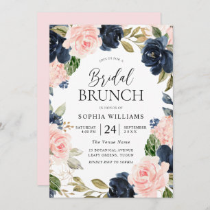 Convite Marinho Blush Floral Wreath Chá de panela Brunch