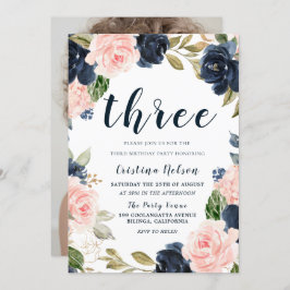 Convite Marinho Blush Flowers, aniversário de 3 anos Party