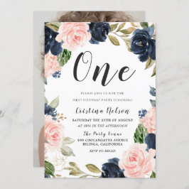 Convite Marinho Blush Flowers primeiro aniversario Party B