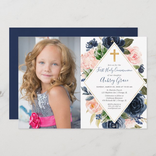 Convite Marinho blush gold floral Primeira foto da Santa C (Frente/Verso)