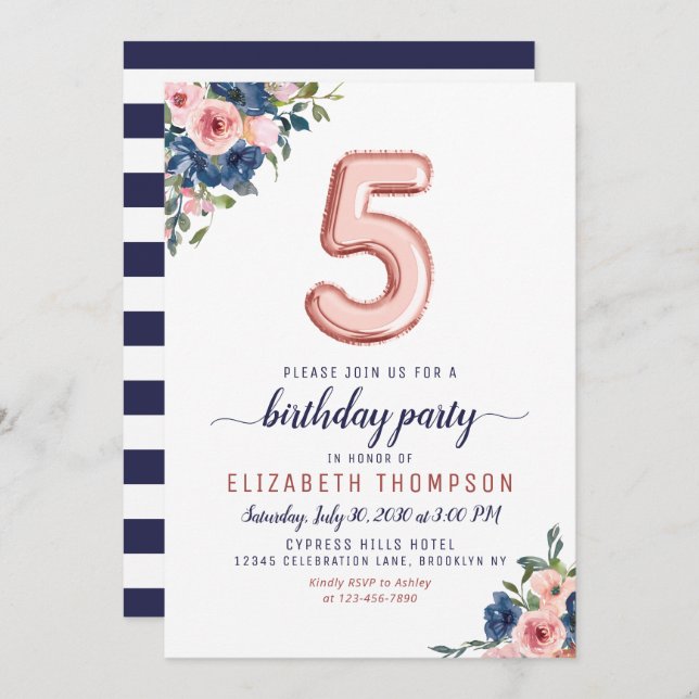 Convite Marinho Blush Rosa do Balão Dourado 5 Blush Aniver (Frente/Verso)
