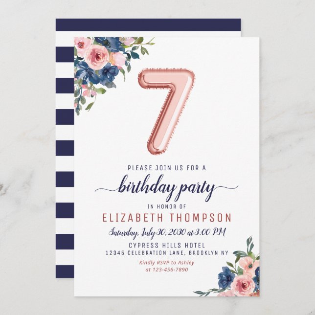 Convite Marinho Blush Rosa do Balão Dourado 7 Blush Aniver (Frente/Verso)