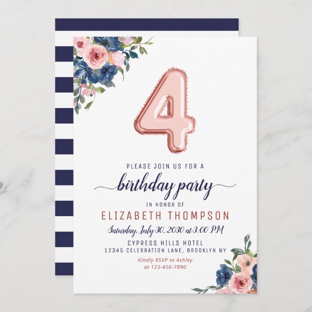 Convite Marinho Blush Rosa Dourado Balão de  Floral 4º Ani (Frente/Verso)