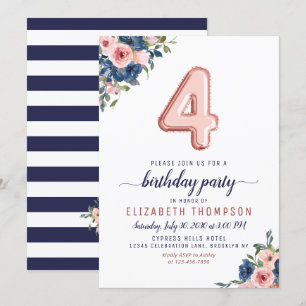 Convite Marinho Blush Rosa Dourado Balão de  Floral 4º Ani