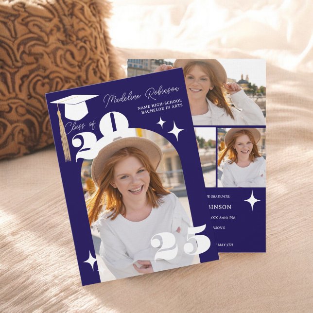 Convite Marinho Boho Blue Stars 4-Photo Graduação Moderna (Boho Navy blue Stars Modern 4-Photo Graduation Invitation)