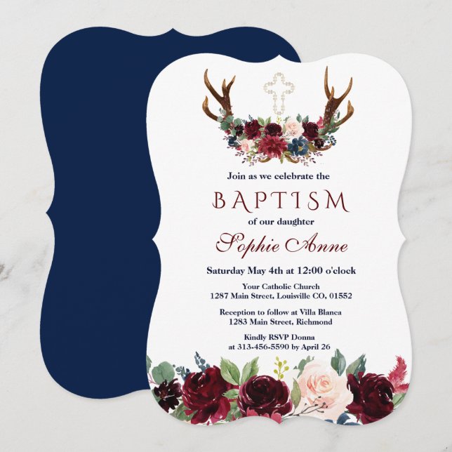 Convite Marinho Boho Merlot Azul Floral Antlers Baptism (Frente/Verso)