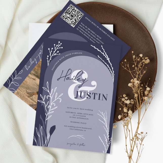 Convite Marinho Boho nomes de fotos azuis script arnês cas (Criador carregado)