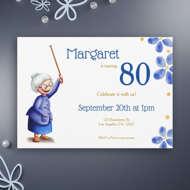 Convite Marinho bonito e mulher branca, com flores de cana (Cute grandma's 80th birthday floral invitation)