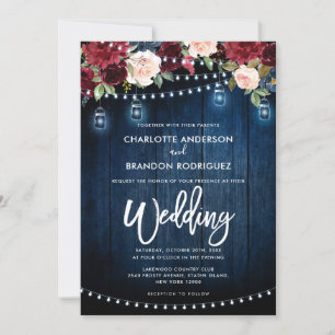 Convite Marinho Borgonha Corda Rústica Floral Casamento C