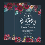 Convite Marinho Borgonha Elegante - Festa de aniversário F<br><div class="desc">Moderno, Elegante, Borgonha Vinho Marsala Marinho Watercolor Floral 50º Modelos Convites de aniversário. Chich burgundy, marsala, rosas de aquarelas pintadas por marinho, design com folhas verdes sobre fundo azul de marinho, com revestimento de cor azul esbranquiçado botânico. Apresenta um elegante design de tipografia manuscrita. Excelente de festa de aniversário para...</div>