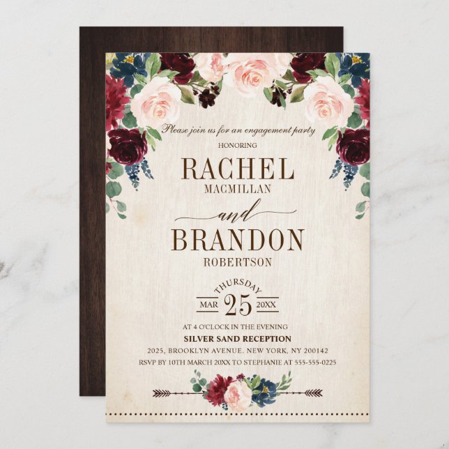 Convite Marinho Borgonha Festa de noivado de Boho Russo Fl (Frente/Verso)