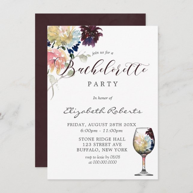 Convite Marinho Borgonha Festa de solteira Rosa Esmagada (Frente/Verso)