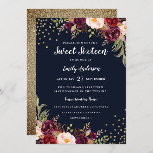 Convite Marinho Borgonha Floral Sparkle Doce 16 Convidam