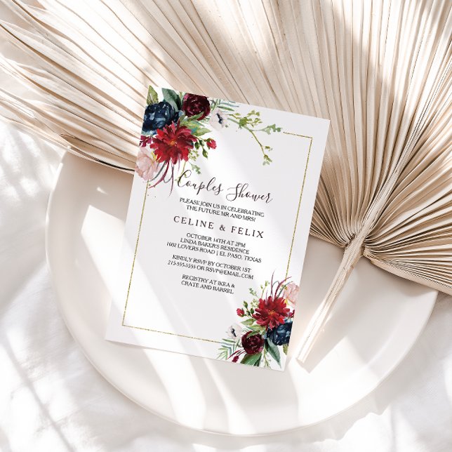 Convite Marinho Borgonha Moderna Blush Casal Floral Chá (Criador carregado)