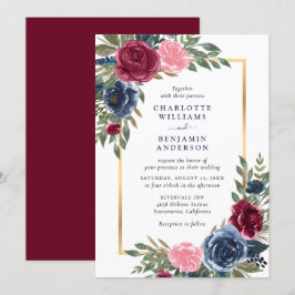 Convite Marinho Borgonha Personalizado Azul Dourado Floral