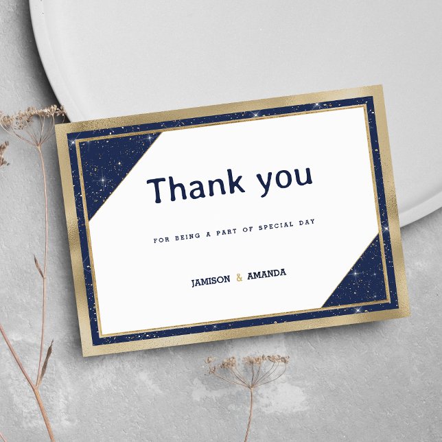 Convite Marinho branco, azul, brilho geométrico Obrigado (White gold navy blue glitter geometric Thank You)