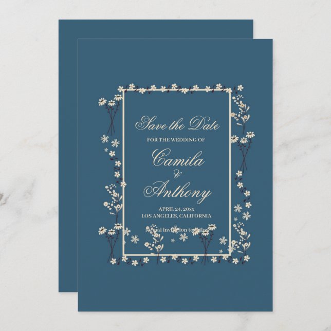 Convite Marinho Branco Borda Floral Casamento Salvar Data (Frente/Verso)