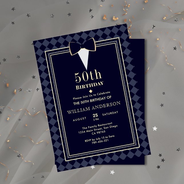 Convite Marinho brilhante Azul e Dourado Etapa do Marco do (Glamorous Navy Blue & Gold Tuxedo Milestone Age Invitation )