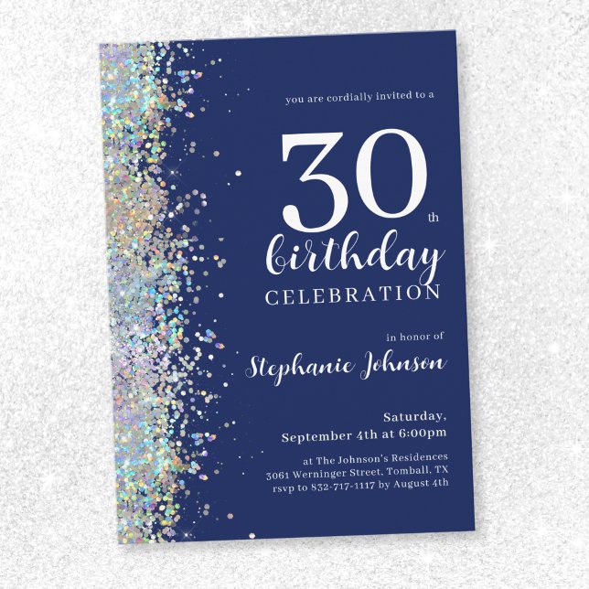 Convite Marinho brilhante elegante aniversário de 30 anos  (Elegant Glitter Navy Blue 30th Birthday Invitation)