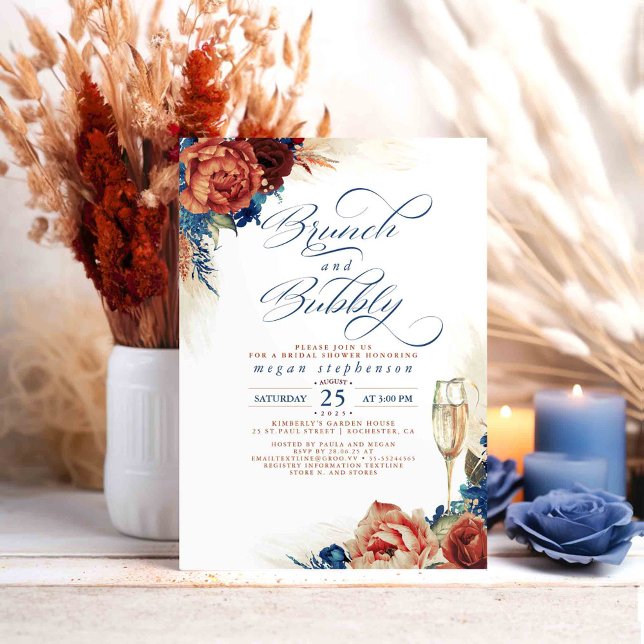 Convite Marinho Brunch e Bubble Chá de panela Terracotta (Terracotta and Navy Blue Floral Bridal Shower Invitations Brunch and Bubbly)