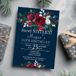 Convite Marinho burgundy peonies inverno floral doce dezes<br><div class="desc">Floral chic elegante invernal doce 16/16 convite de aniversário no escuro azul de marinho à meia-noite apresentando rosas de peônias vermelhas e pinheiro verde abeto sazonal ramos e folhagem. Preencha suas informações nos pontos, Você pode optar por personalizá-las, alterando ainda mais a cor do marinho de fundo, as fontes e...</div>