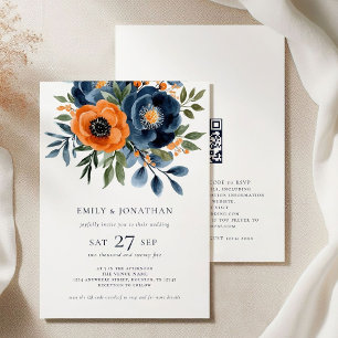 Convite Marinho Burnt Orange Watercolor Florals QR Casamen