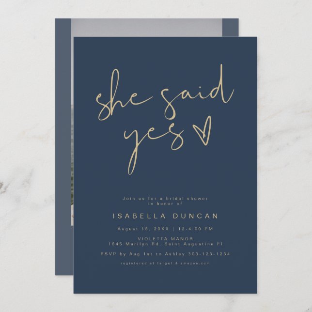 Convite MARINHO CAITLIN Ela Disse Sim Chá de panela Modern (Frente/Verso)