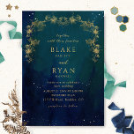 Convite Marinho, Casamento Celestial de Encantação Azul e<br><div class="desc">Aprecie seus convidados com este elegante e único convite para casamento celestial estrelado com maravilhoso fundo celestial de tons azuis, marinhos e verdes com estrelas delicadas e delicadas terras botânicas mascaradas em matizes ouros. Capacidade de alterar e personalizar todas as seções de texto para atender às suas necessidades. Fácil de...</div>