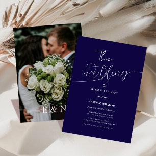 Convite marinho, casamento de fotos modernas, azul e branc