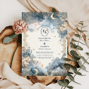 Convite Marinho Celestial e Casamento Floral Dourado