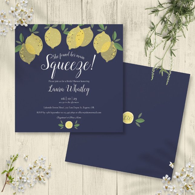Convite Marinho  Chá de panela Azul (Main Squeeze Lemons Navy Blue Bridal Shower Invitation)