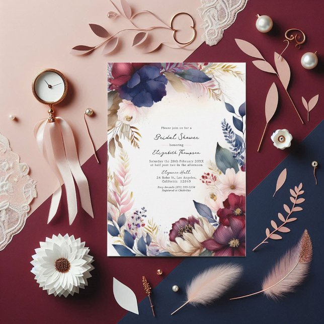Convite Marinho, Chá de panela Floral Blush Boho (Burgundy, Navy, Blush Boho Floral Bridal Shower Invitation)