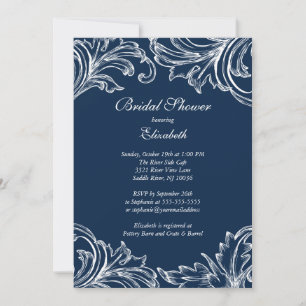 Convite Marinho Chá de panela Vintage Damask Azul