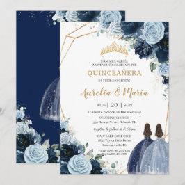 Convite Marinho Chic Baby Blue Floral Girins Quinceañera
