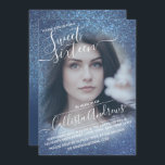 Convite Marinho Chic Blue Glitter Foto do Omã Doce 16<br><div class="desc">Este elegante, feminino e doce convite de aniversário de 16 fotos é perfeito para a adolescente da moda e na moda. Ele retrata um brilho cintilante azul-marinho e gradiente ombre colorido impresso com uma configuração personalizada de tipografia cursiva de script. É um toque glamouroso, feminino, simples e único numa tendência...</div>