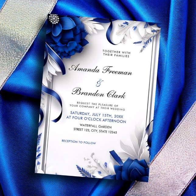 Convite Marinho Chic Blue & Silver Flowers Fitas Casamento (Criador carregado)