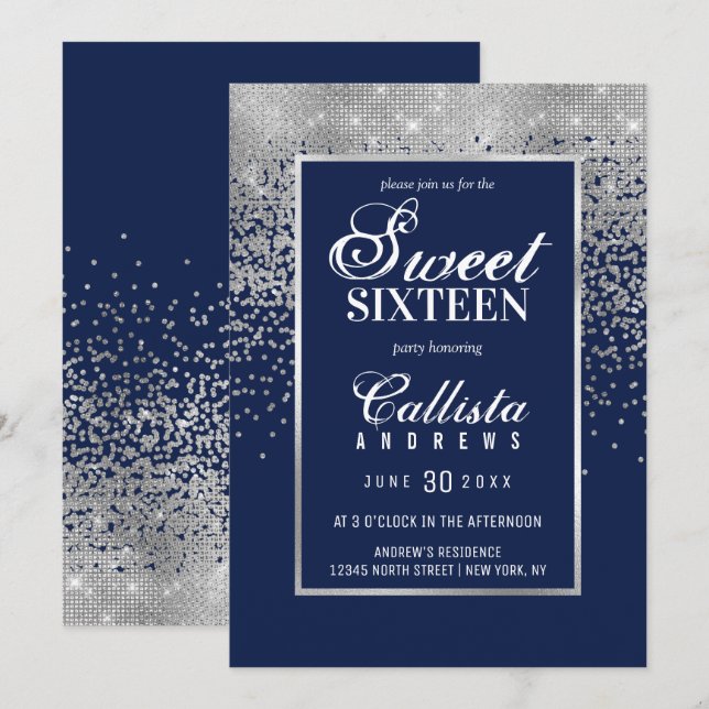 Convite Marinho Chic Blue Silver Glitter Confetti Sweet 16 (Frente/Verso)
