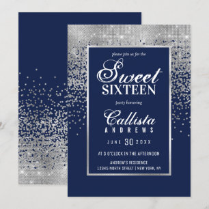 Convite Marinho Chic Blue Silver Glitter Confetti Sweet 16