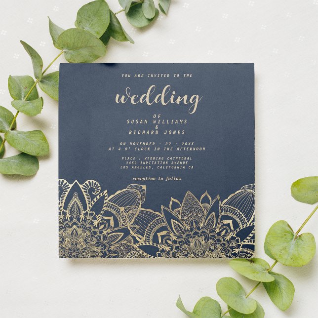 Convite Marinho chic - script dourado floral mandala casam (Chic Navy blue gold script floral mandala wedding)