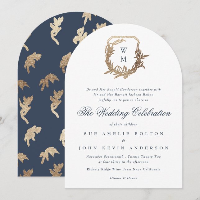 Convite marinho clássico Arca da crista dourada monograma  (Frente/Verso)