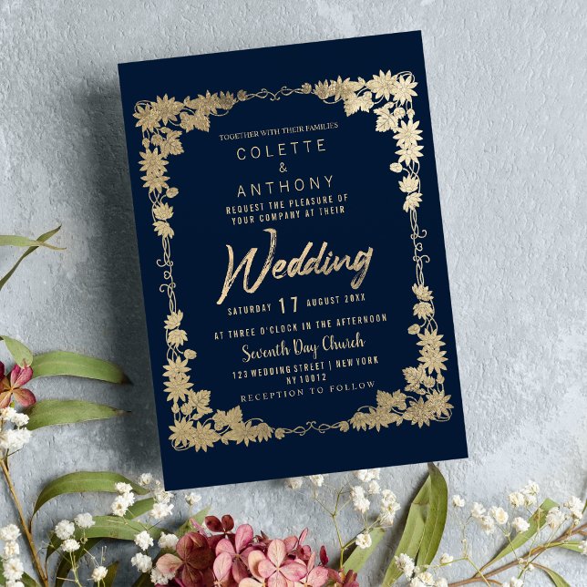 Convite Marinho clássico, azul, dourado, borda floral (Classy navy blue gold floral frame border Wedding)
