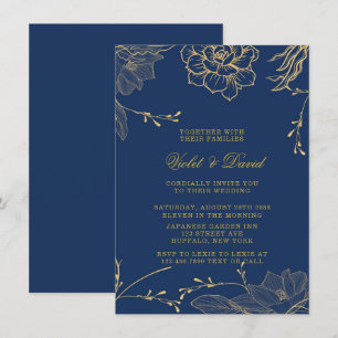 Convite Marinho Clássico Azul e Florais Dourados Invitati