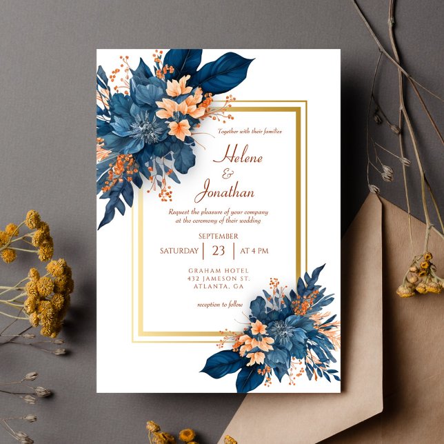 Convite Marinho Clássico Elegante Casamento Azul Terracott (Elegant Classic Navy Blue Terracotta Wedding Invitation)