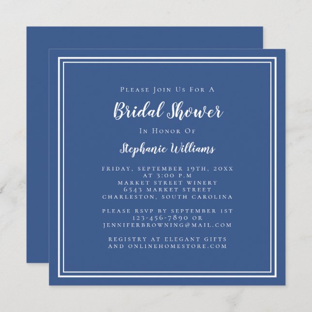 Convite Marinho Clássico Elegante Quadrado Moderno do chá  (Frente/Verso)