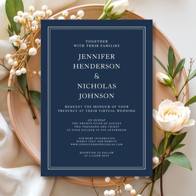 Convite Marinho Clássico Moderno Casamento Virtual Azul (Modern Elegant Classic Navy Blue Virtual Wedding Invitation)